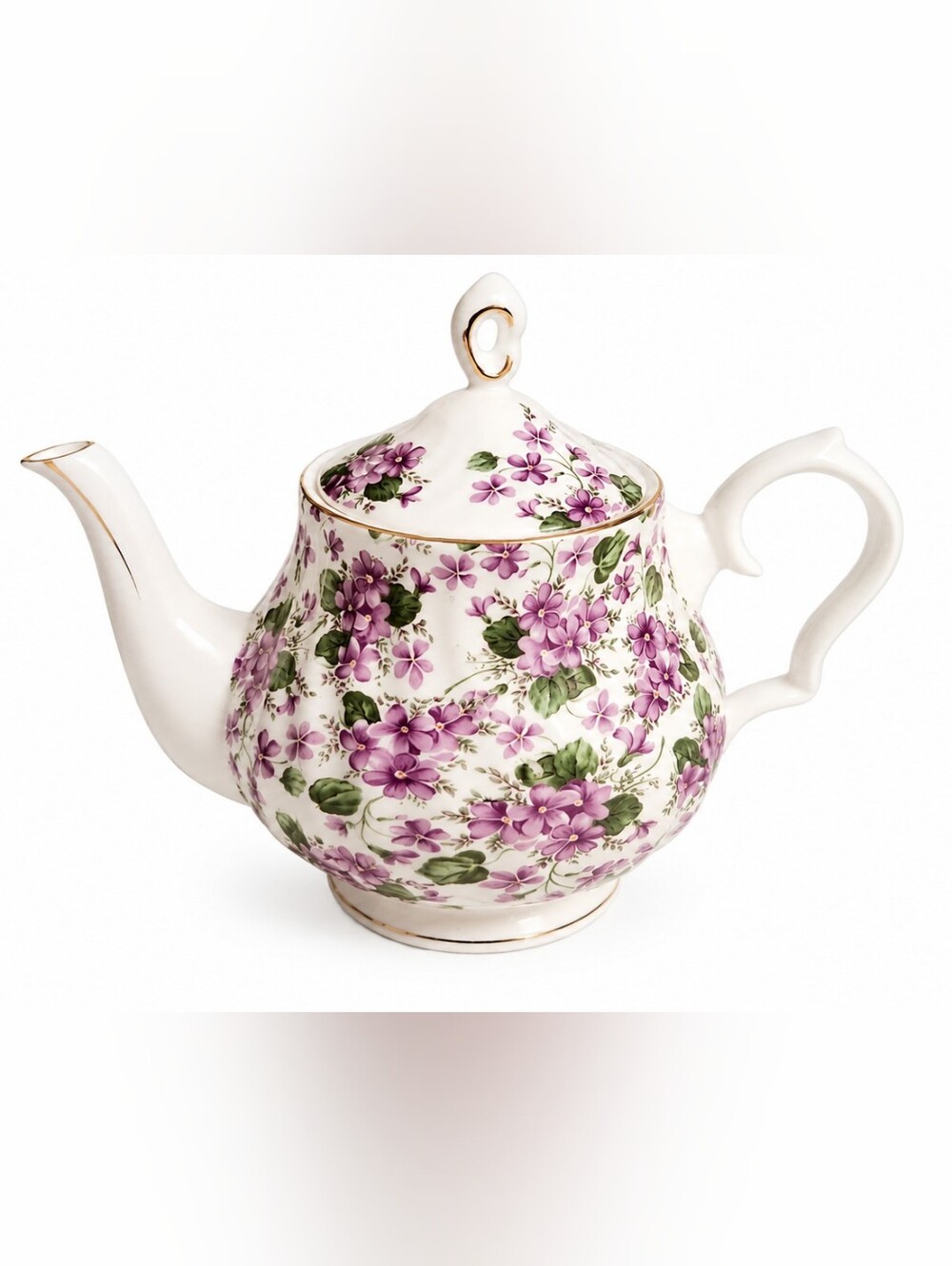 Grace White Porcelain Teapot with Purple Floral Pattern and Gold Trim